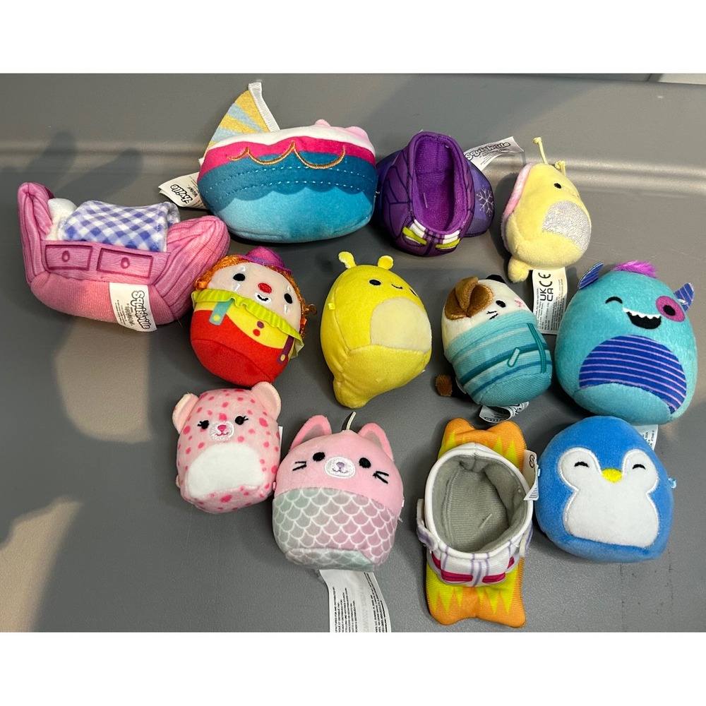 Squishmallows Squishville 11 Piece Mini Plush Lot Mermaid Cat Clown Boat Bed 2in